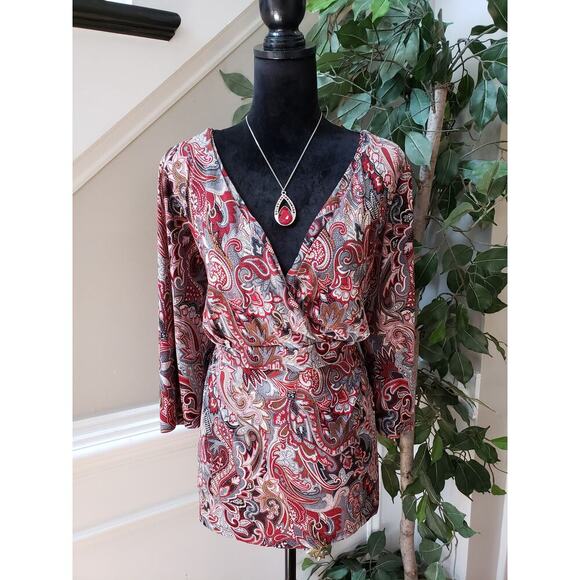 INC International Concepts Blouse Top Womens Size 2X Multi Paisley Wrap V Neck - Picture 1 of 9